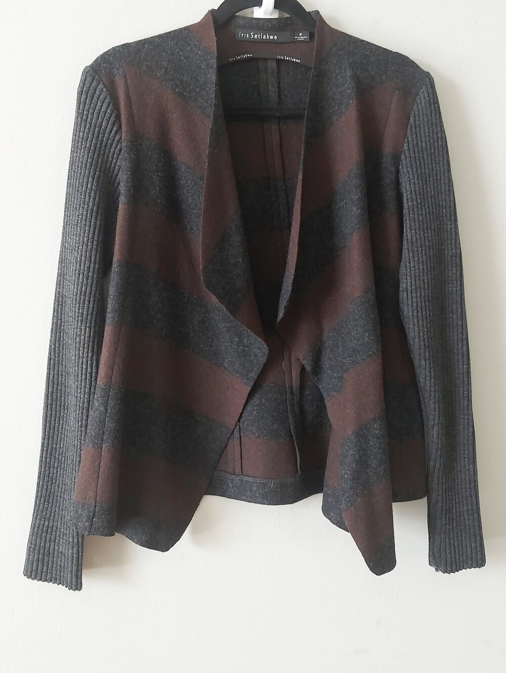 Iris Setlakwe Women Wool Striped Open Front Draped Jacket 8 Ribbed Long Sleeve